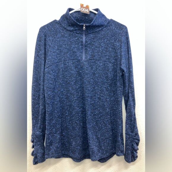 Columbia Blue Textured Knit Quarter zip Sweater with ruched sleeves Large #743 - Picture 1 of 4